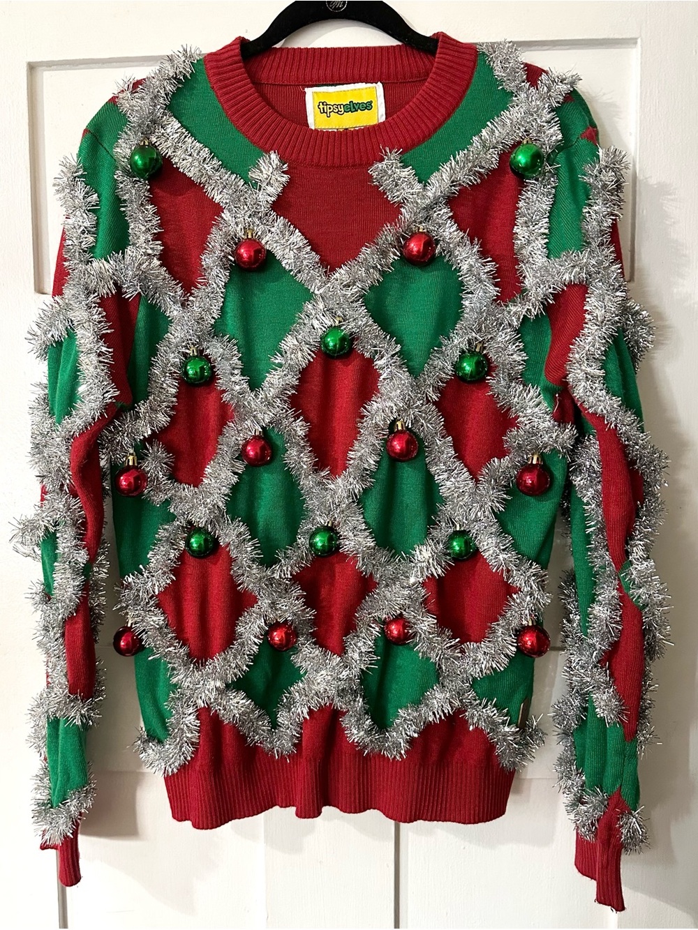 Tipsy Elves Red and Green Tinsel Ornament Sweater